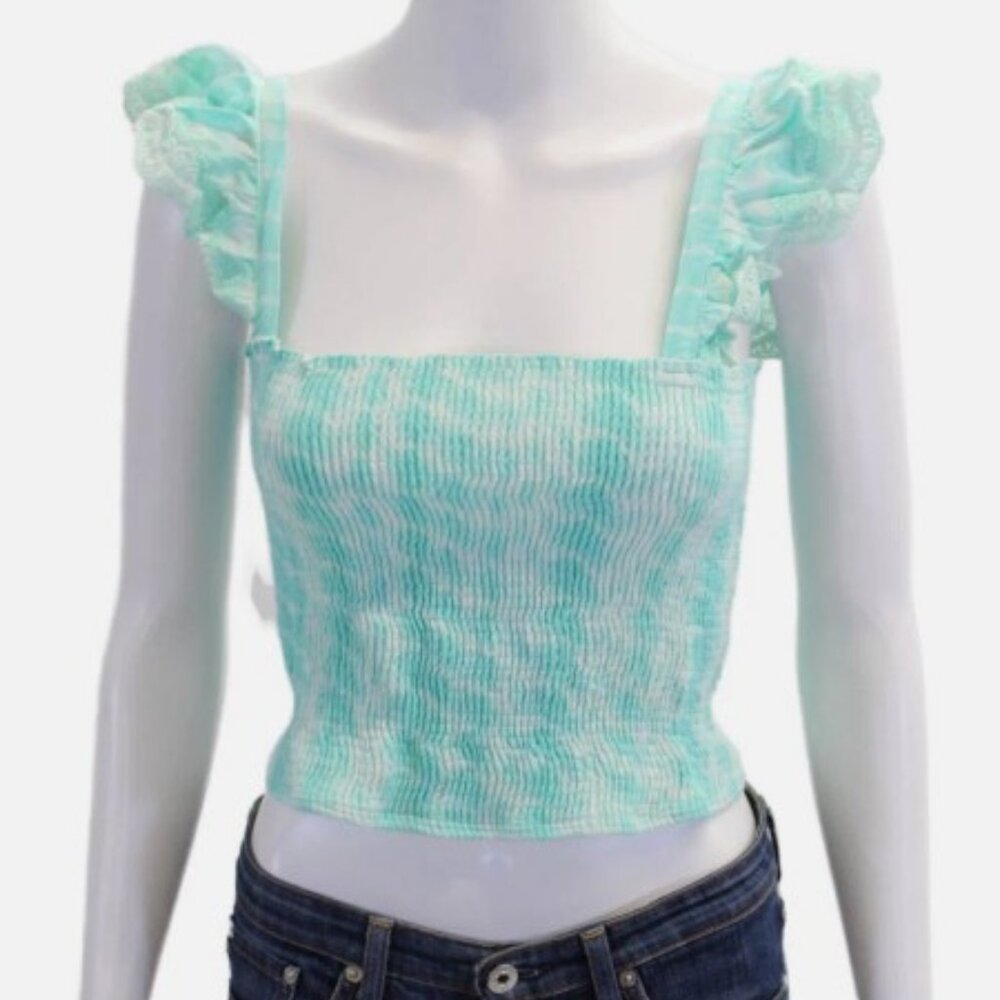 Peixoto Women's Square Neck Sleeveless Smocked Lace Trim Blouse Blue Green XL
